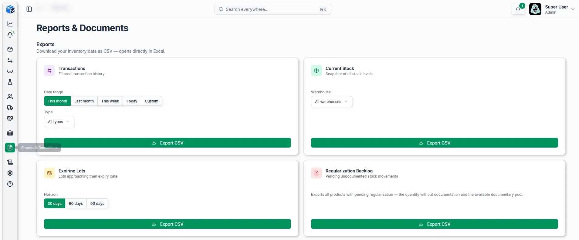 Inventara reports page with CSV exports for transactions, current stock, expiring lots and the regularisation backlog