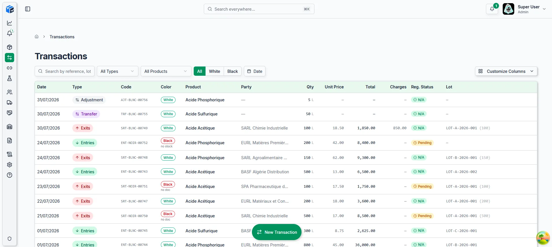 Inventara transaction log listing entries, exits and transfers with lot numbers, documentation status and regularisation state per movement